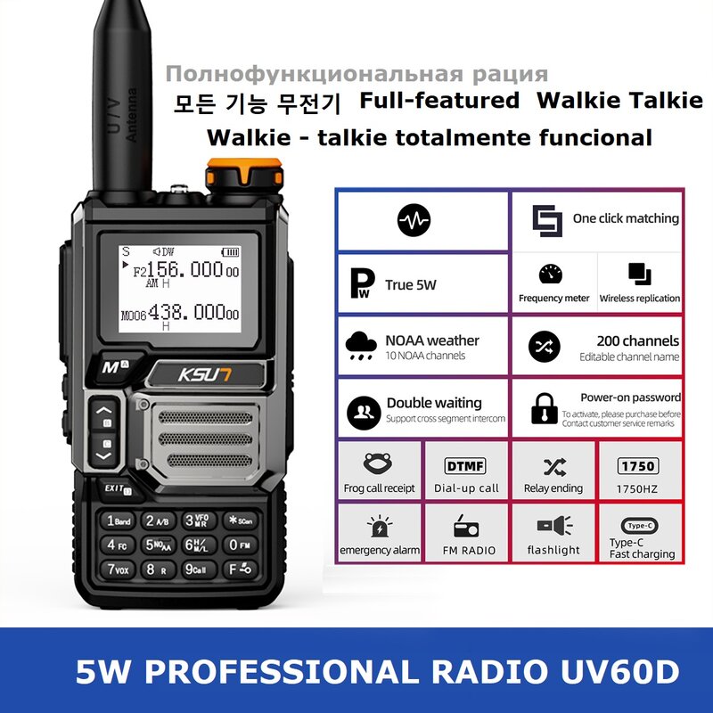 KSUN-Radio Receptor Airband, Walkie Talkie Profesional, Largo Alcance, Portátil, Recargable, Uhf, NOAA, UV60D, 5 Vatios