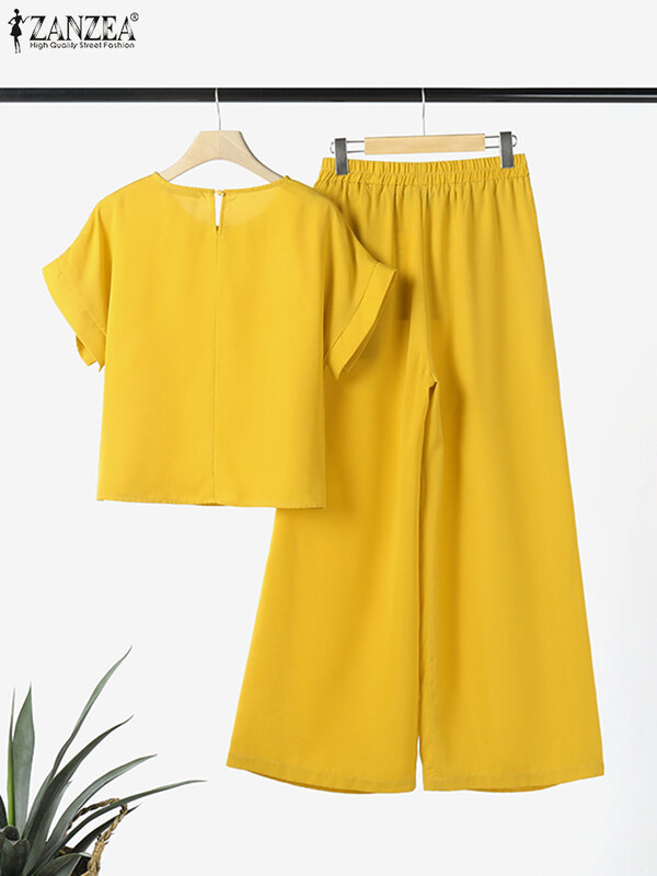 ZANZEA-Blusa de manga curta e calças largas para mulheres, roupa de treino combinando, roupas soltas, roupas casuais, moda verão, 2 peças, 2024