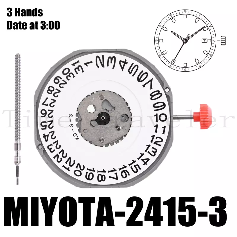 Механизм Miyota 2415, размер механизма 13, 2415 дюйма, высота 1/2 мм, точность ± 20 сек в месяц, 3 стрелки, дата 3:00, 4,35