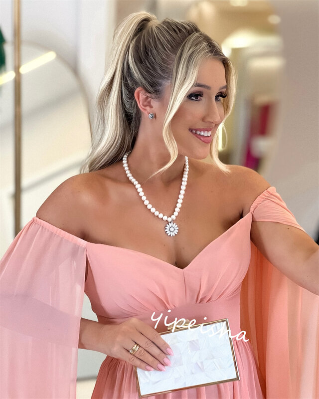 Chiffon Draped Cocktail Party A-line Off-the-shoulder Bespoke Occasion Gown Long Dresses