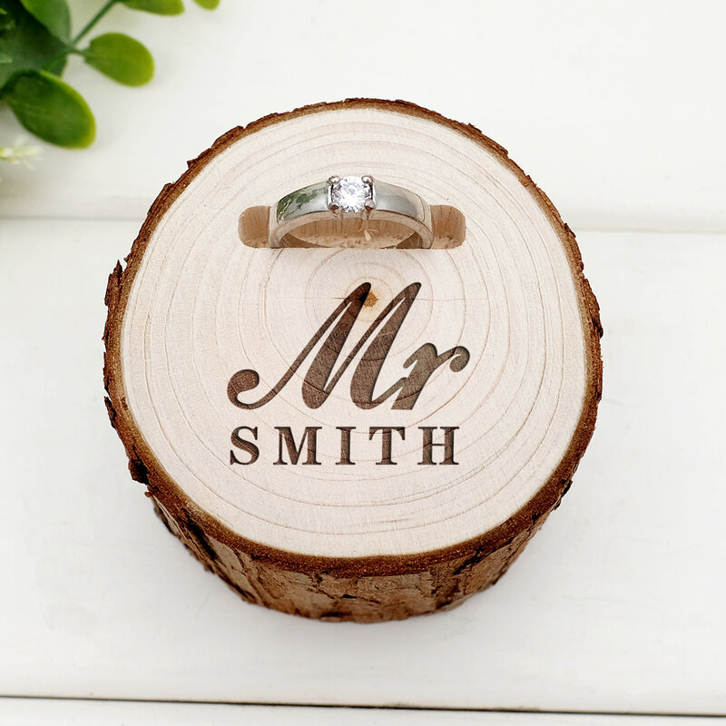 Caja de anillo de boda con grabado personalizado, soporte rústico para anillo de boda, regalo de boda personalizado, 2 unidades