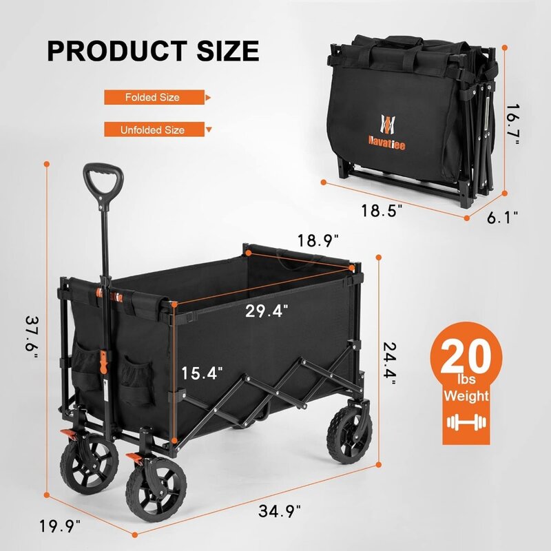 Wagon Cart Heavy Duty Foldable, Collapsible Wagon with Smallest Folding Design, Utility Grocery Wagon for Camping Shopping