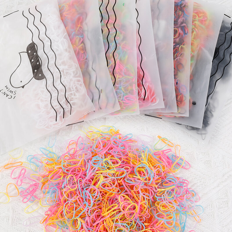 女の子用の使い捨てカラーヘアシュシュ,1000個,輪ゴム,ポニーテールホルダー,ヘアアクセサリー