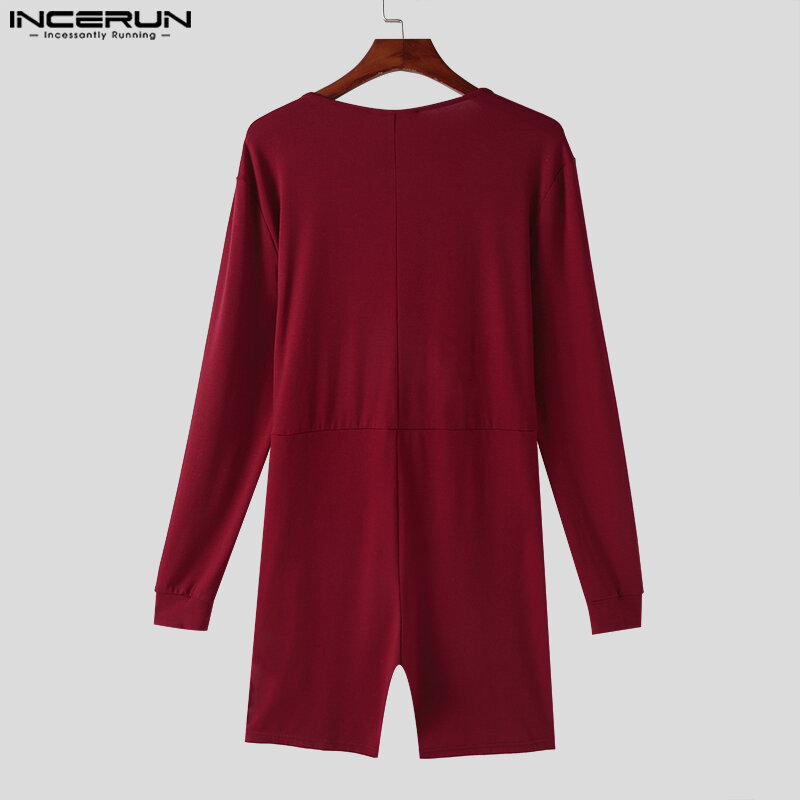 INCERUN 2024 Sexy Men's Homewear Open Front Solid Knitted Long Sleeved Jumpsuits Fashion Male O-Neck Flat Angle Bodysuits S-5XL