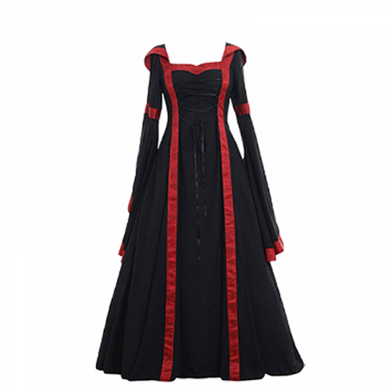 Gótico vitoriano bruxa vampiro vestido feminino, mangas de trompete, vestido medieval, renascimento, halloween, carnaval, terno demônio