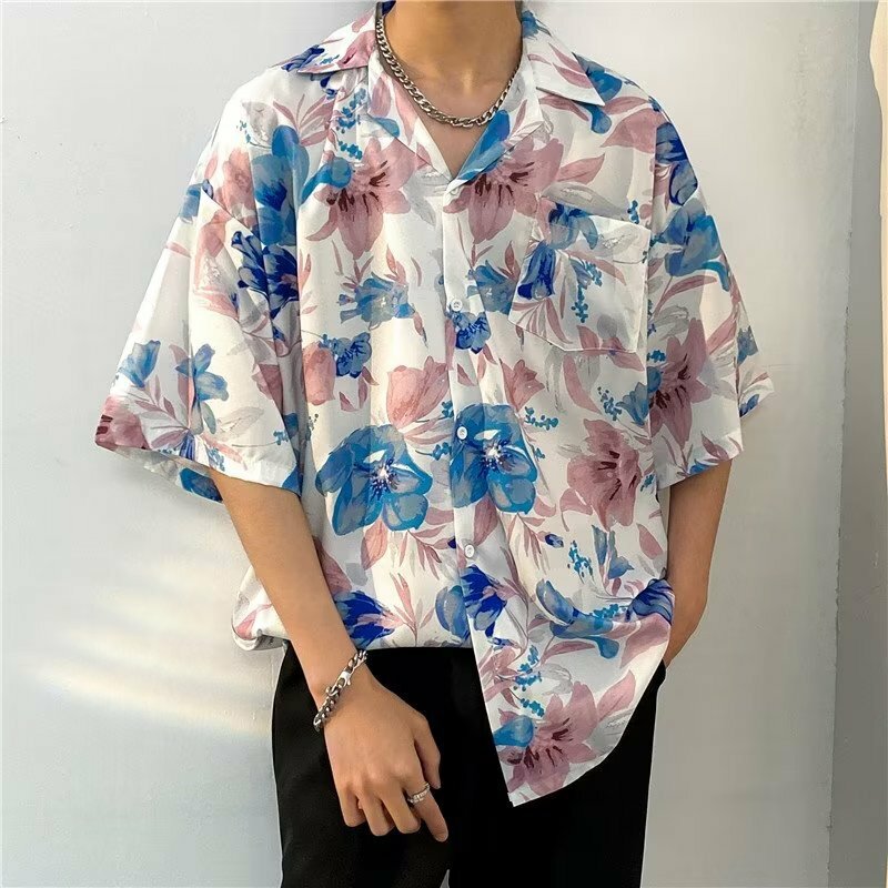 Гавайские рубашки для мужчин, современные Дышащие Модные летние мужские хипстерские рубашки с коротким рукавом и цветочным принтом в стиле High Street с карманами в Корейском стиле