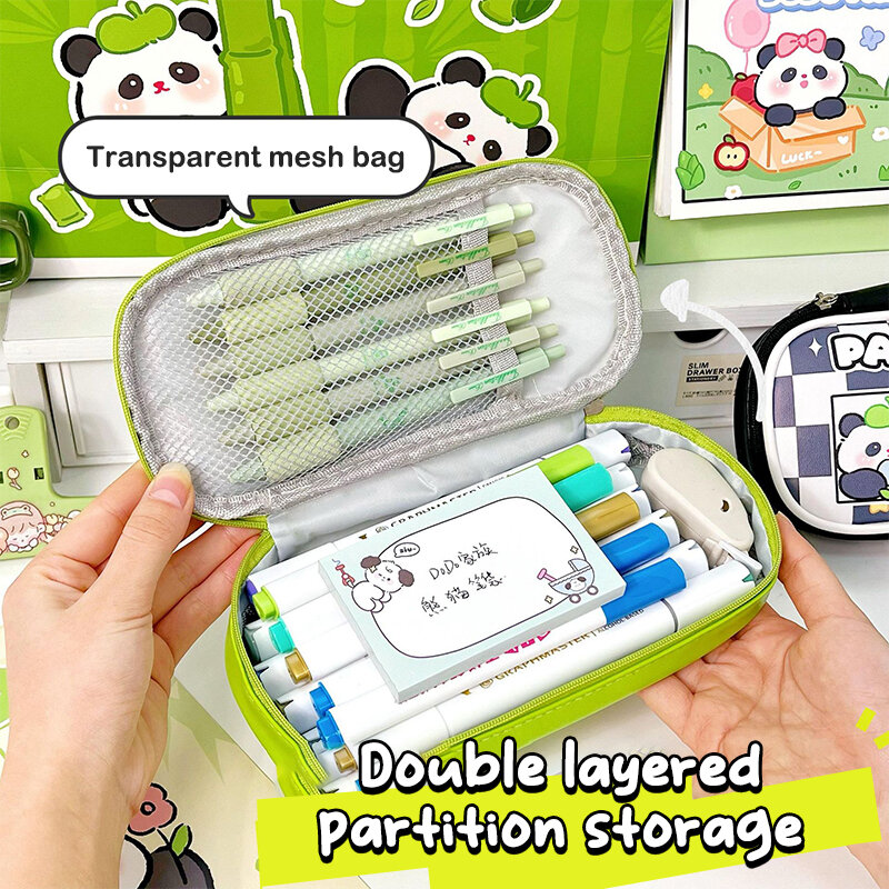 Cartoon Panda Pencil Case Pen Bag PU Cosmetic Pouch Large Capacity Storage Box Stationery Organizer Container School Supplies