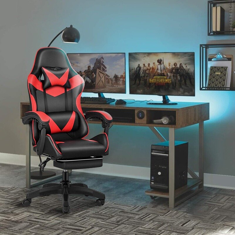 Cadeira de jogo ajustável em altura com encosto e assento, Reclinável, Racing Office, Computador, Ergonômico, Video Game, Vermelho