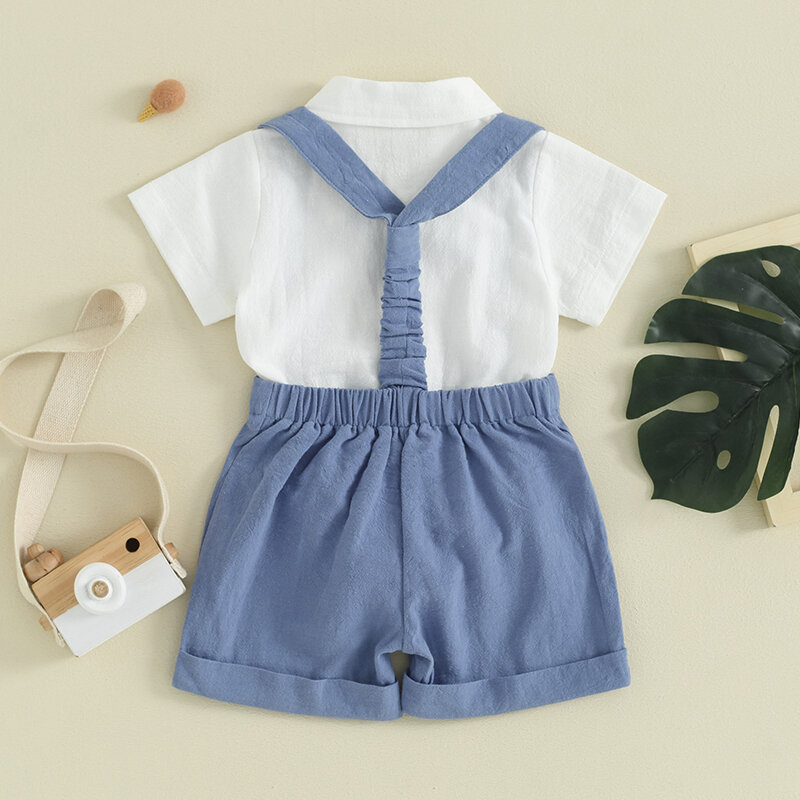 VISgogo Toddler Boy Gentleman Outfit Solid Color Short Sleeves Romper with Bow Tie and Combination Shorts Set for Formal Wear