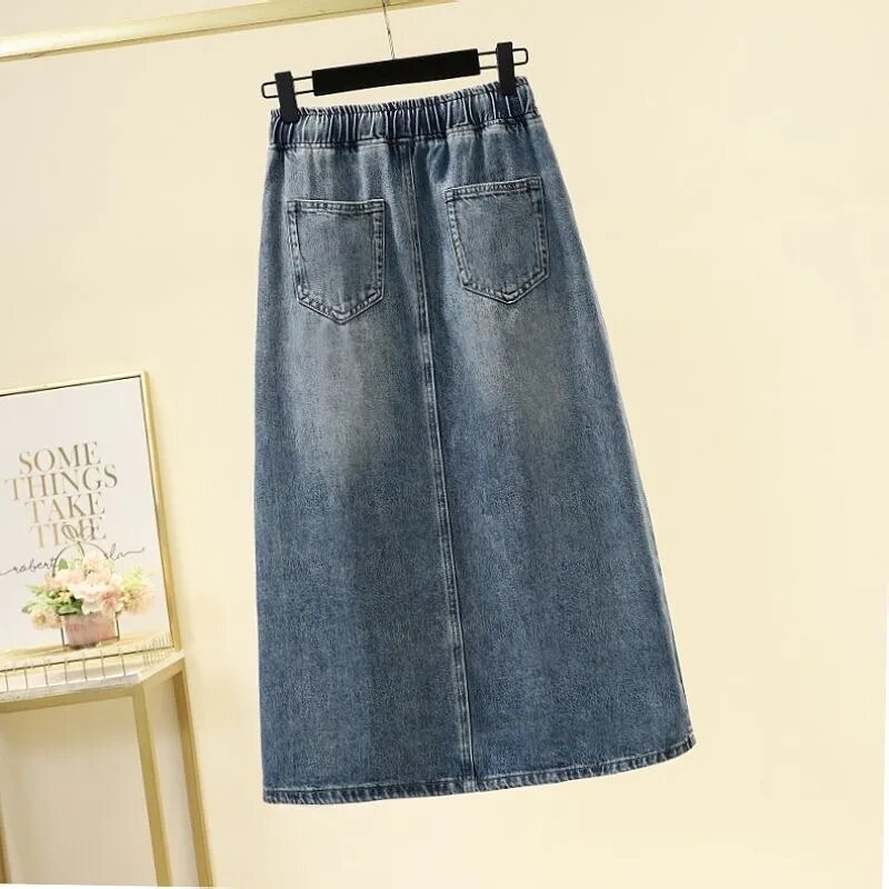 Plus size denim skirt faldas para mujeres Mid-length slit high-waisted fashion elastic-waist A-line skirts ropa de mujer ofertas