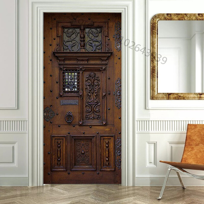 Pegatina de puerta de grano de madera, Mural de puerta 3D, pelar y pegar, papel tapiz de diseño Retro autoadhesivo impermeable extraíble para decoración del hogar