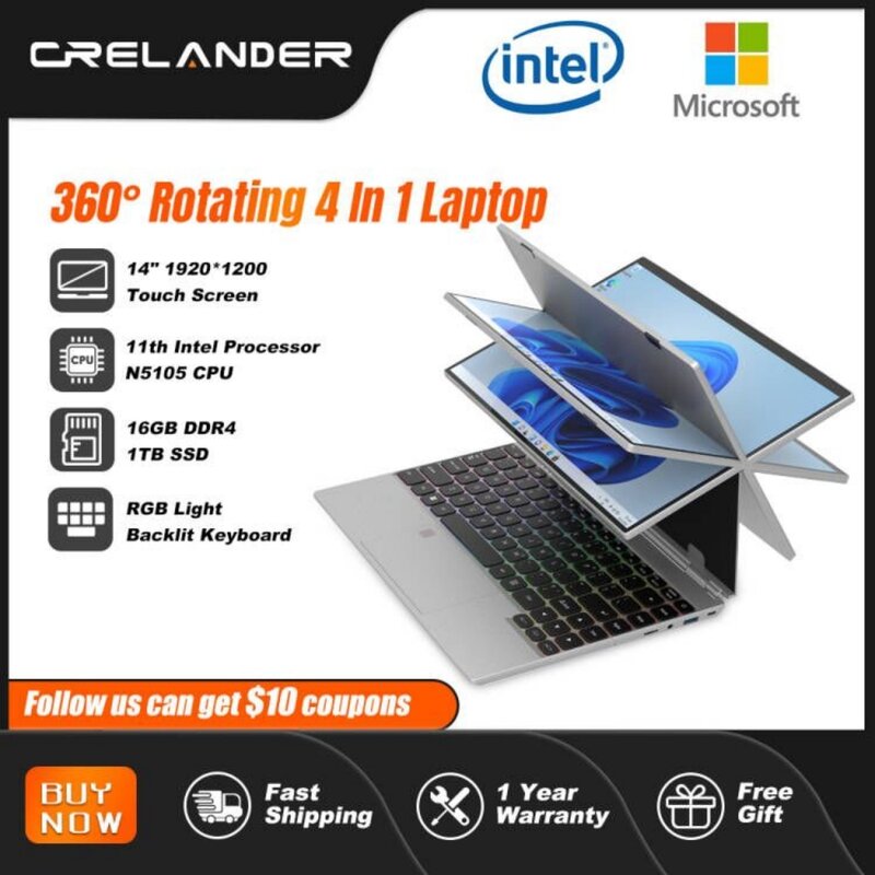 CRELANDER Ordinateur portable 2 en 1 avec écran tactile rotatif à 360 °, Windows 11, Intel N5105, 16 Go de RAM, 14 pouces