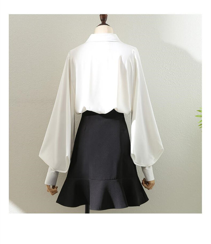 Blusa solta de manga lanterna com gola virada para baixo para mulheres, blusas sólidas, design chique, estilo coreano, top branco, moda OL, simples