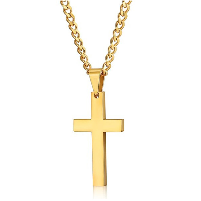 Kalung liontin salib baja tahan karat pria, perhiasan rantai emas hitam perak agama