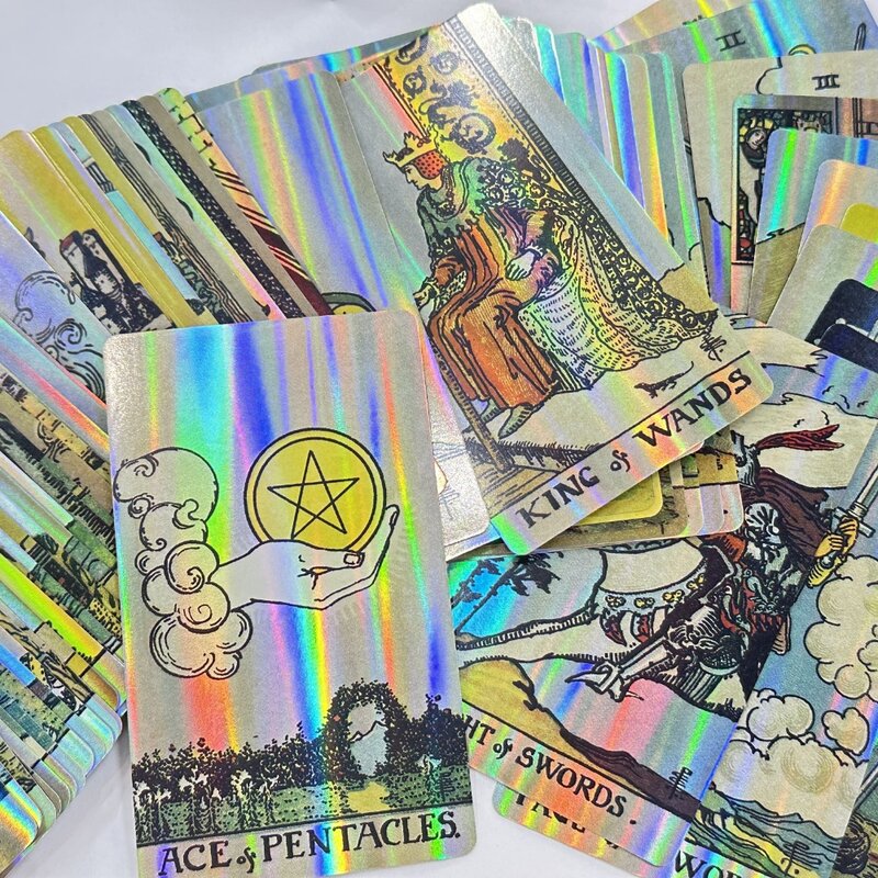 12*7cm Holographic A.E. Tarot Deck In Sliding Rigid Gift Box 78 Pcs Tarot Cards with Guidebook and Drawstring Pouch