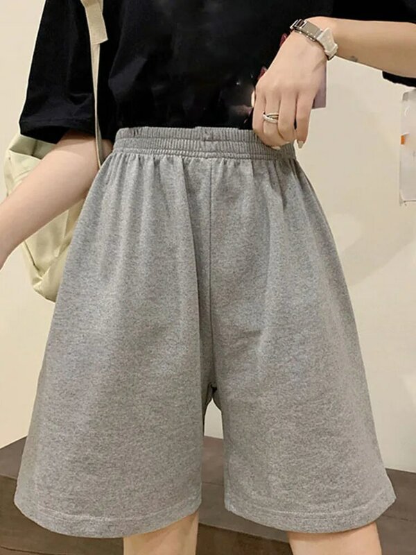 Pantalones cortos de algodón puro para mujer, shorts informales, holgados, rectos, sólidos, elásticos, color gris y negro, moda coreana