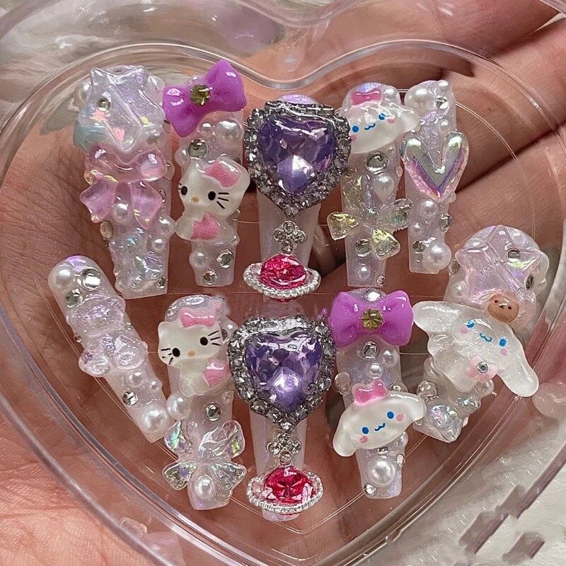 Sanrios Anime My Melody Cinnamoroll Kuromi HelloKittys uñas postizas, manicura DIY, puntas de uñas postizas hechas a mano desmontables para niñas