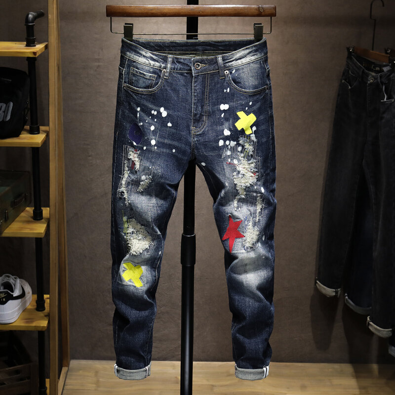 Pantalones vaqueros rasgados elásticos Retro para Hombre, Jeans rasgados delgados, bordados, parcheados, pantalones de Hip Hop de diseñador, moda urbana, azul oscuro