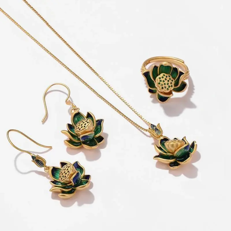 Ancient Gold Craft Classic Enamel Lotus Flower Jewelry Sets Fresh Green Crystal Earrings for Women Ring Necklace Accessories