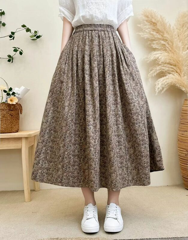 Odzież damska w średnim wieku bawełniana długa spódnica dla kobiet jesień wiosna vintage elastyczna talia drukowane spódnice midi dla mamy