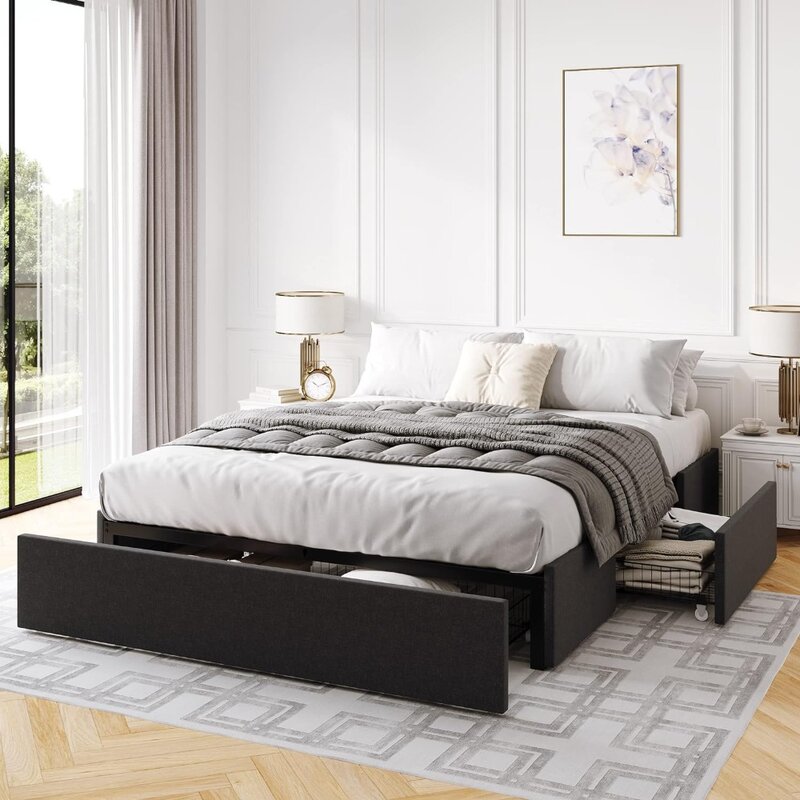 Rama łóżka typu queen-size ze schowkiem, 3 duże szuflady na kółkach, łóżko z platformą tapicerowaną tkaniną, bez sprężyny pudełkowej
