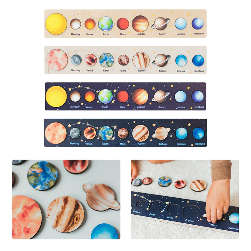 Montessori Wooden 3D Puzzle Solar System Planets Jigsaw Baby Toy Cartoon Early Educational Learning  Toys Gift For Kids 2 Years