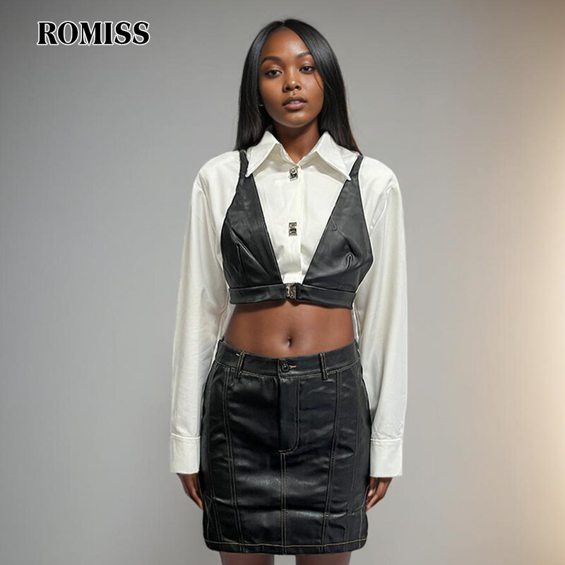 ROMISS Colorblock Elegant Shirts For Women Lapel Long Sleeve Patchwork Single Breasted Slimming Shirt Female Fashion Style