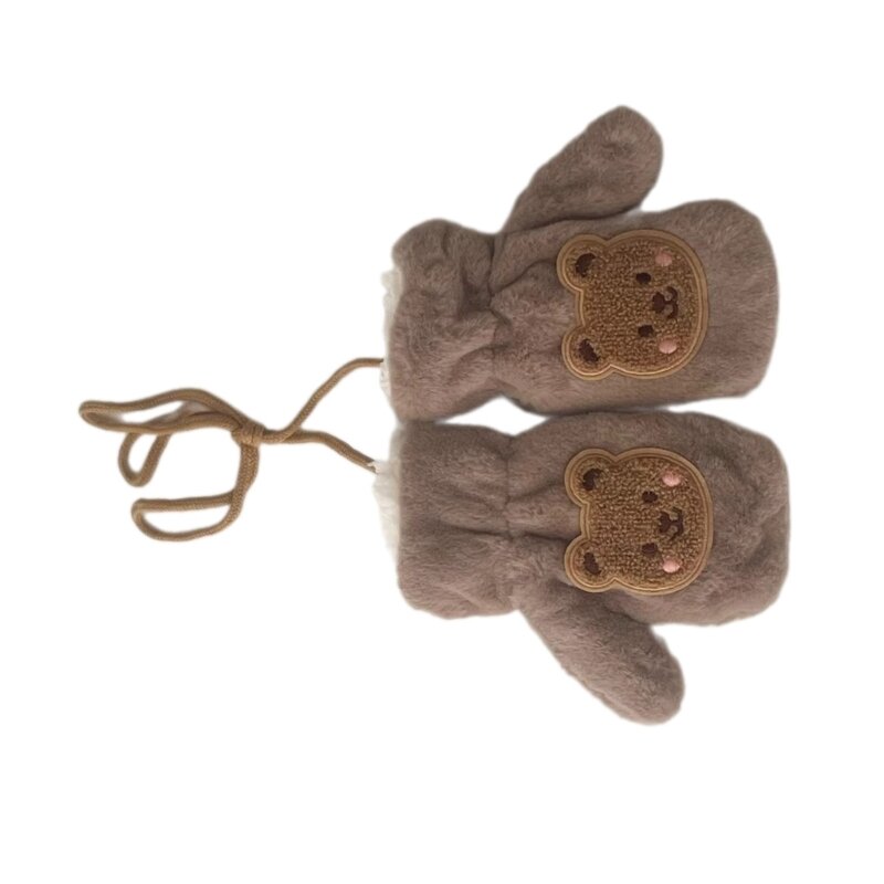 Cartoon Bear Plush Gloves for 2-6T Kids Children Winter Warm Mittens Stylish Hand Warmers with Adjsutable Neck Rope