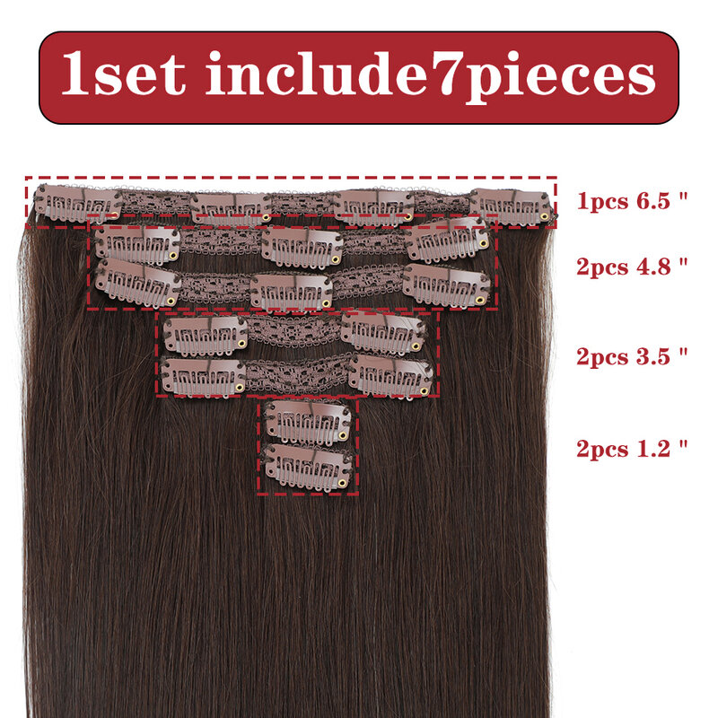 Clip na extensão do cabelo para Salon Supply, 100% Remy cabelo humano, castanho escuro reto, pedaço de cabelo, cabeça cheia, 14-28 em, 7PCs