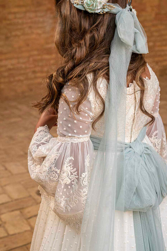 FATAPAESE Communion Flower Girl Dress for Kid Vintage Princess Lace Floral Ribbon Belt Bridemini Wedding Bridesmaid Cotton Gown