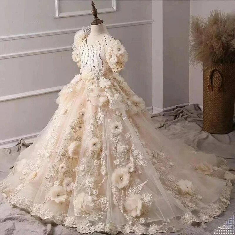 Vestido de tul de lujo con apliques 3D de champán para niña, vestido de niña de flores para boda, vestido de baile de primera comunión con lentejuelas para niños, desfile de cumpleaños