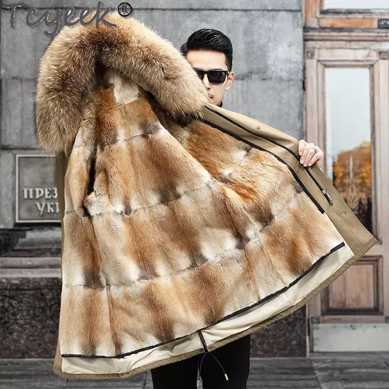 Теплая меховая подкладка Tcyeek 2023, съемное пальто, Мужская одежда, Воротник из меха енота, зимние куртки для мужчин, Модная парка из натурального меха