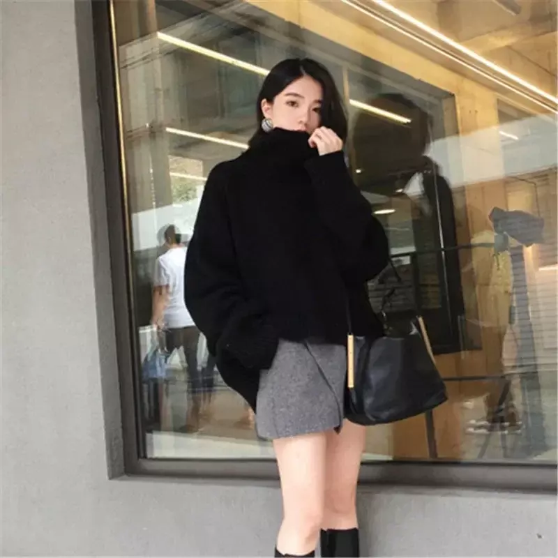 Suéter de cuello alto para mujer, Top de manga larga negro suelto, moda coreana, Color sólido, jerséis casuales simples, Otoño, E305