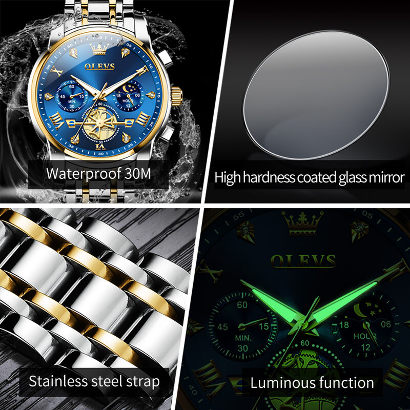 OLEVS jam tangan pasangan mewah, jam tangan mewah, jam tangan pasangan, kronograf, anti air, fase bulan, merek, Quartz, untuk pria wanita