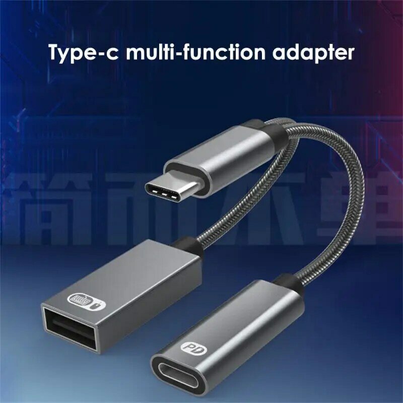 Adaptor kabel USB C OTG 2 dalam 1, adaptor tipe C jantan ke USB C betina 60W PD pengisian daya cepat dengan adaptor pemisah USB