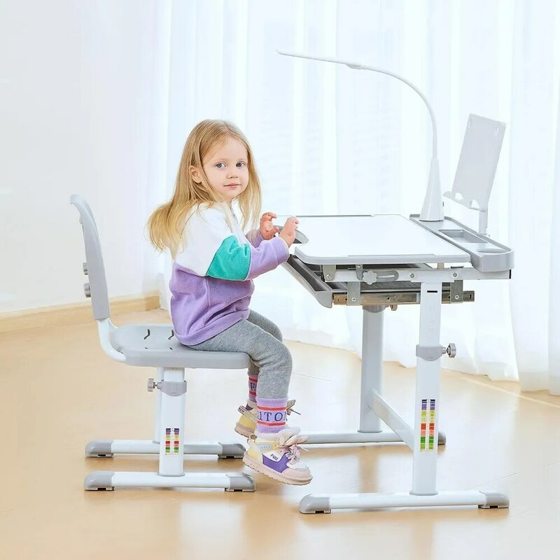 Children Furniture Sets, Height Adjustable Children School Study Desk with Tilt Desktop,  Metal Grey Children Furniture Sets