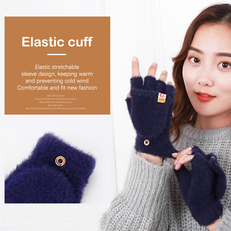 1 para rękawiczek damskich w jednolitym kolorze bez palców ciepłe zimowe pluszowe rękawiczki miękkie klapki rękawice dziewiarskie ogrzewacz dłoni rękawiczki