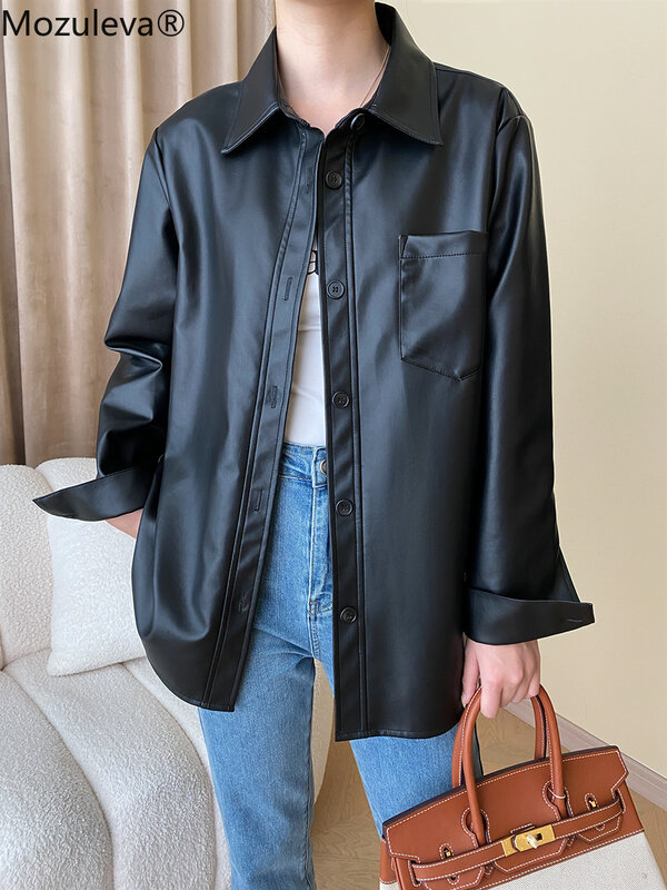 Mozuleva mantel kulit PU untuk wanita, jaket kulit PU kerah rebah, jaket musim dingin Retro warna hitam dan Faux untuk wanita