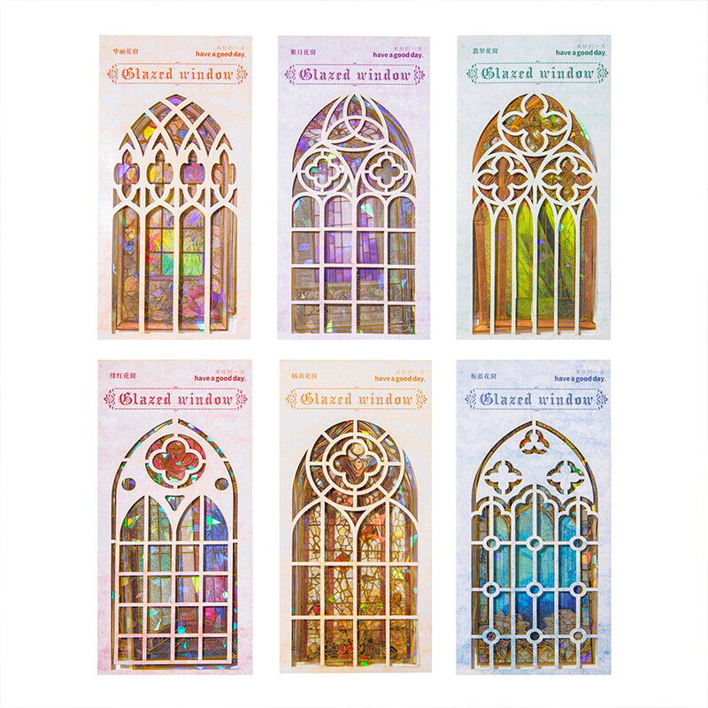 10 buah Retro jendela mengkilap seri dekoratif tahan air stiker buku tempel bahan Label Diy Album buku harian perencana jurnal