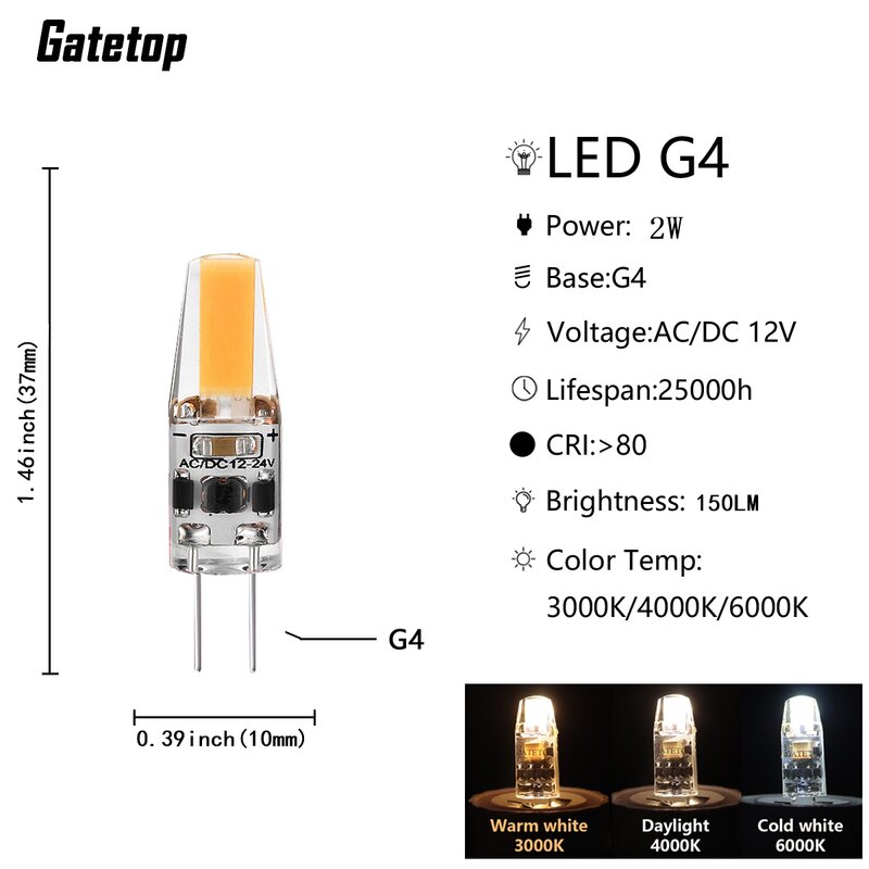 Mini bombilla LED G4 de gel de sílice, lámpara halógena de 20W, CA/CC, 12V, COB, luz blanca cálida, sin reemplazo estroboscópico, nuevo producto