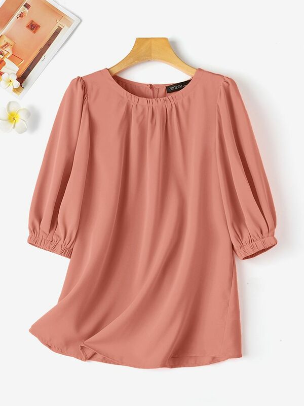 Модные женские блузки ZANZEA 2024, уличная рубашка с коротким рукавом, однотонные топы, Офисная туника, летняя блузка, блузки, футболка оверсайз