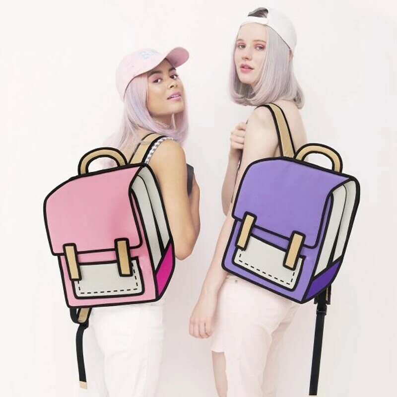 Women Backpack 3D Jump Style 2D Drawing Cartoon Back Bag Comic Messenger Tote Fashion Cute Student Bags Unisex Knapsack Bolos