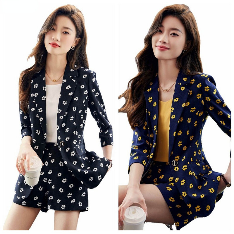 2023 Summer Thin Fashion Loose Casual Medium Length Femme Jacket Pantsuits Korean Women Office Print Blazer Shorts Set 2-piece