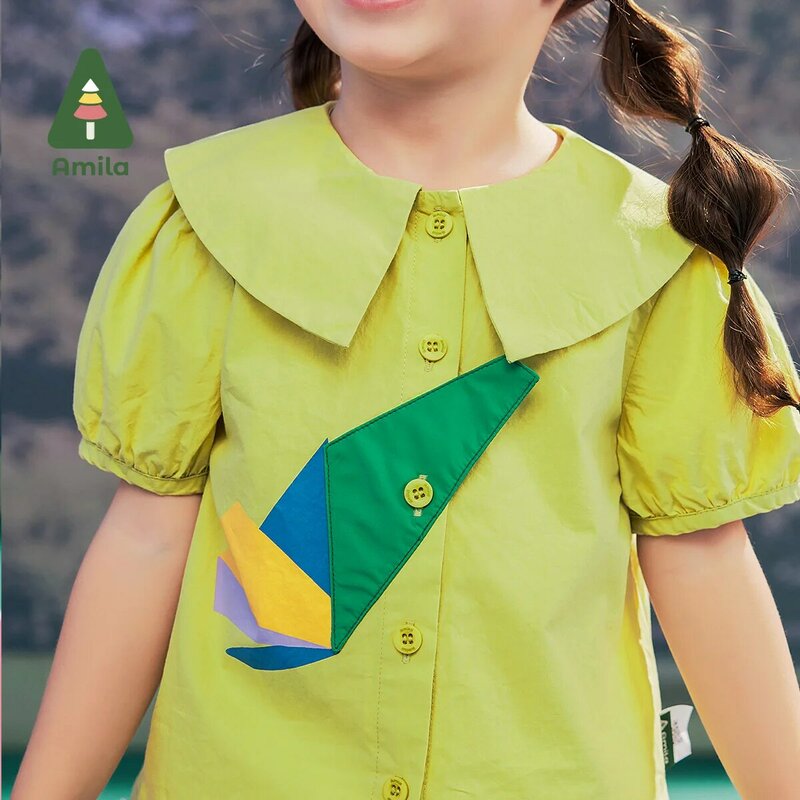 Amila atasan anak perempuan Tangram warna bermotif, kerah boneka katun murni ramah Kulit Musim Panas 2024 untuk anak perempuan 0-6 tahun