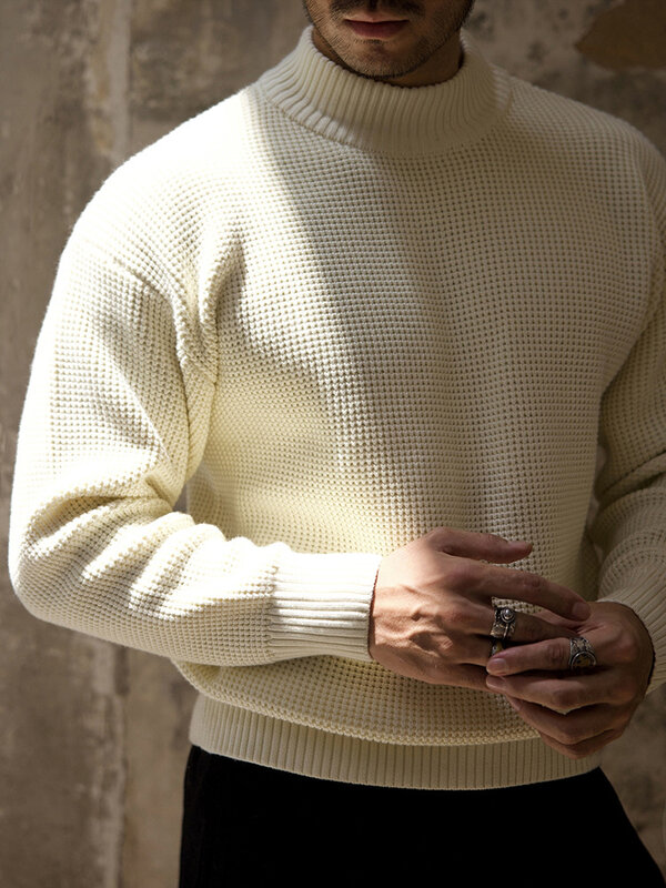 Suéter grueso y cálido para hombre, Tops de punto con cuello simulado de Color sólido Vintage, prendas de punto a la moda de manga larga, Primavera