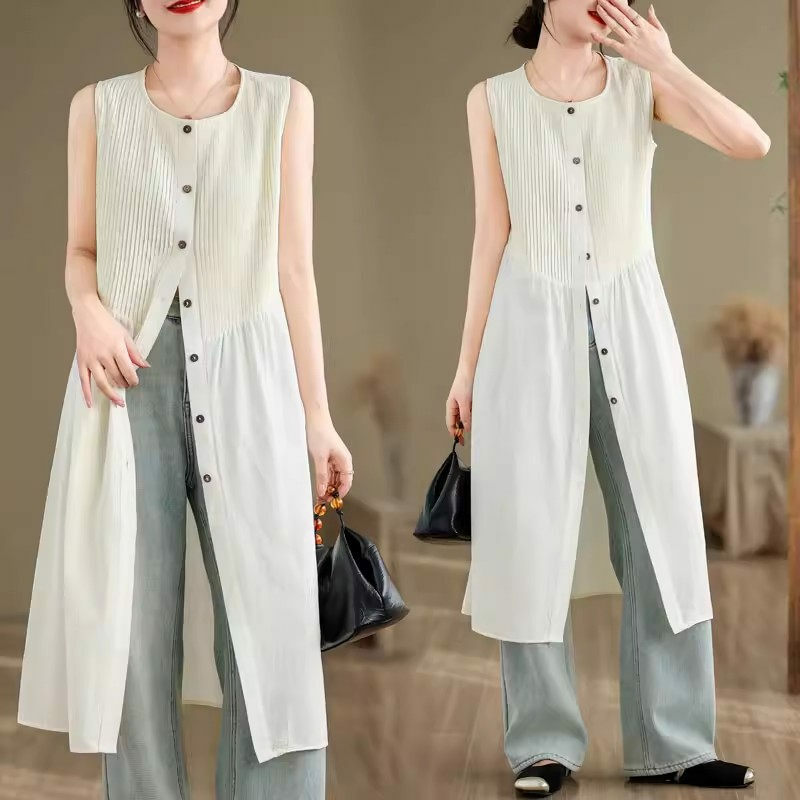 Retro Style Peated Loose Single Breasted Vest Dress For Women's Summer Oversized Artistic Medium Length Cardigan Jacket Top K837
