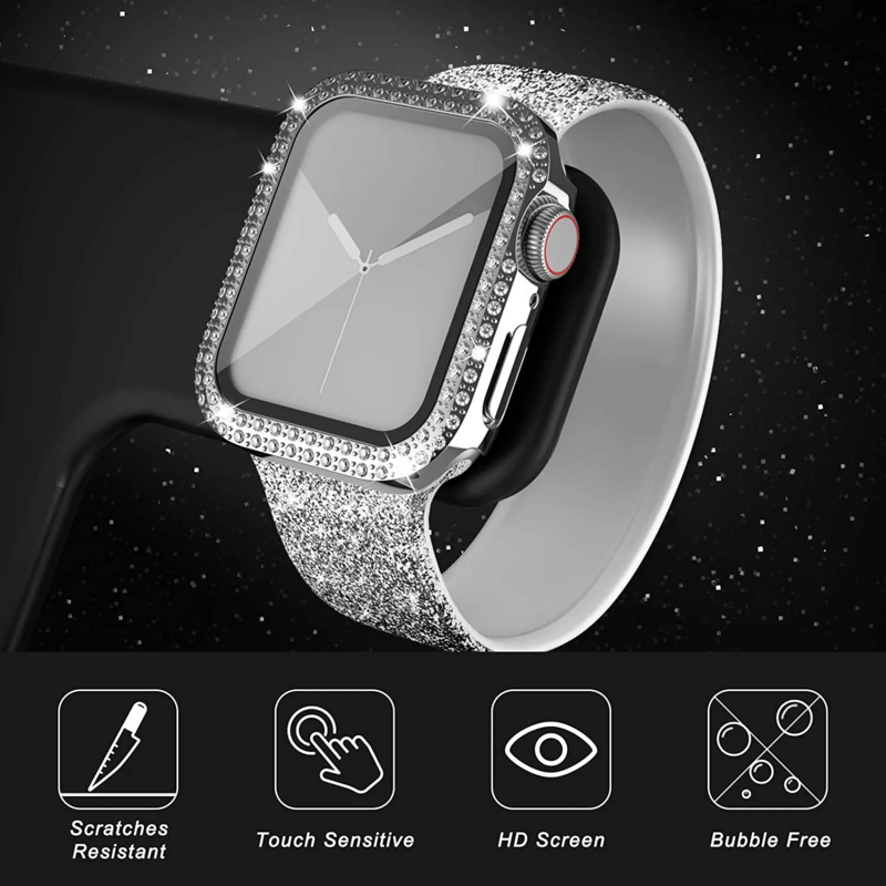 Capa de Vidro e Diamante para Apple Watch, Bling Bumper Protector, Case para iWatch Series 9, 3, 5, 6, 7, 8, SE, 40mm, 44mm, 41mm, 45 milímetros, 38 milímetros, 42 milímetros