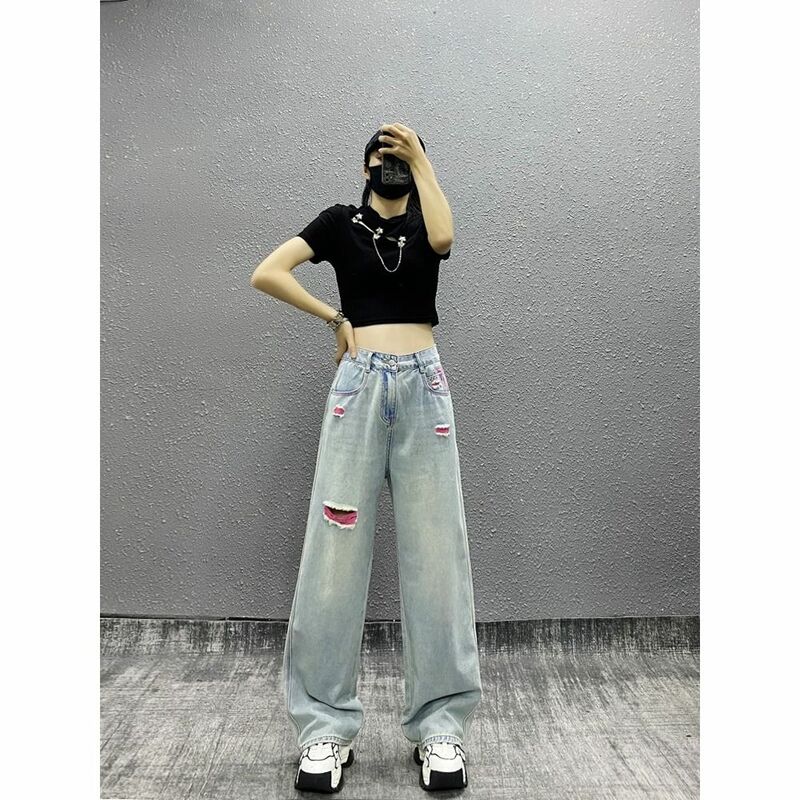 Schöne farbige perforierte Jeans für Damen Sommer neue hohe Taille locker abnehmen vielseitige Hose mit weitem Bein