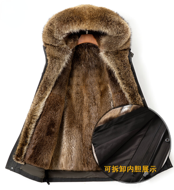 Jaqueta de pele natural de comprimento médio masculina, casaco de forro de zibelina dourada, colarinho de pele de guaxinim grande, parka quente, moda fina, inverno, 2023
