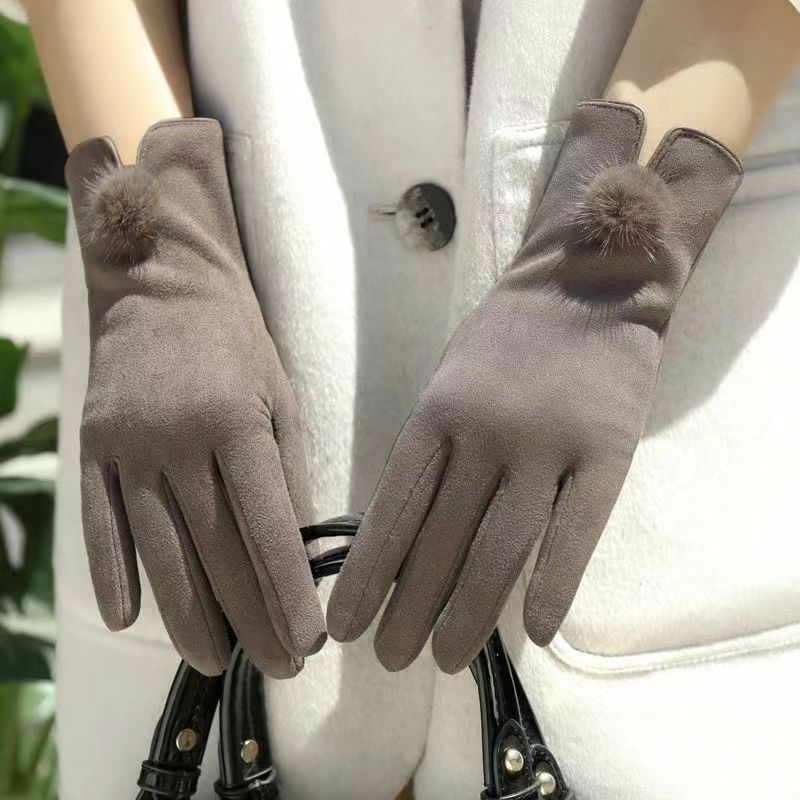 New Women Winter Keep Warm Touch Screen Thicken Solid Soft Fashion Elegant Simple Style Gloves Cycling Drive Hairball Cute